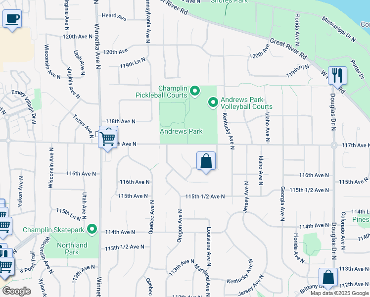 map of restaurants, bars, coffee shops, grocery stores, and more near in Champlin