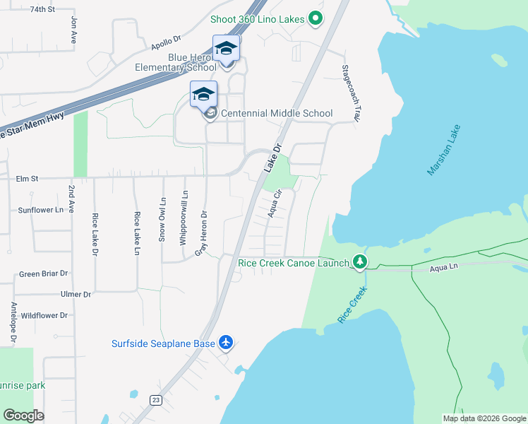 map of restaurants, bars, coffee shops, grocery stores, and more near 459 Aqua Circle in Lino Lakes