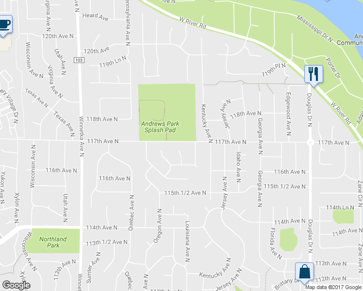 map of restaurants, bars, coffee shops, grocery stores, and more near 11646 Maryland Lane in Champlin