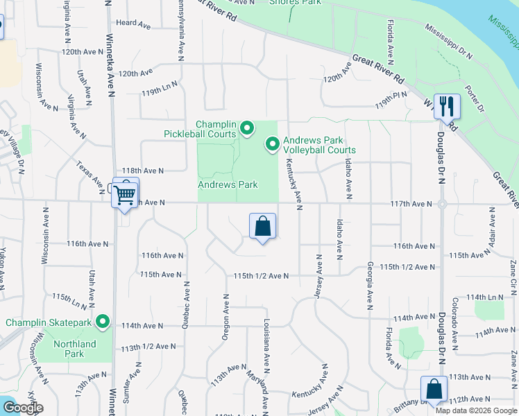 map of restaurants, bars, coffee shops, grocery stores, and more near 11646 Maryland Lane in Champlin