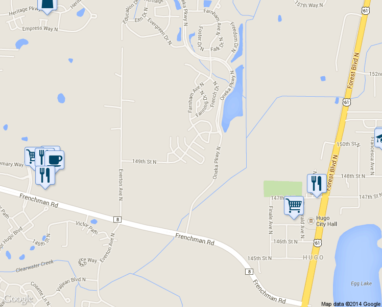 map of restaurants, bars, coffee shops, grocery stores, and more near 5075 149th Street North in Hugo