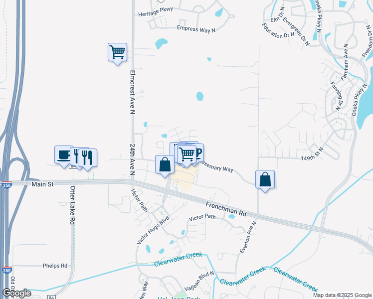 map of restaurants, bars, coffee shops, grocery stores, and more near 4474 Rosemary Way in Hugo