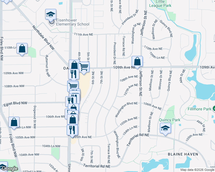 map of restaurants, bars, coffee shops, grocery stores, and more near 10797 7th Street Northeast in Blaine