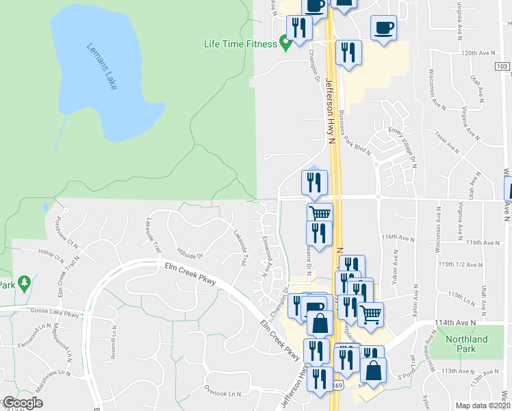 map of restaurants, bars, coffee shops, grocery stores, and more near 11631 Elmwood Avenue North in Champlin