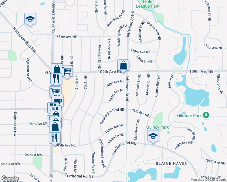 map of restaurants, bars, coffee shops, grocery stores, and more near 300 108th Avenue Northeast in Blaine