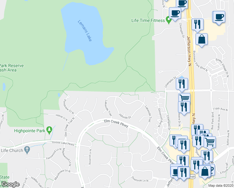 map of restaurants, bars, coffee shops, grocery stores, and more near 9550 Lakeside Trail in Champlin