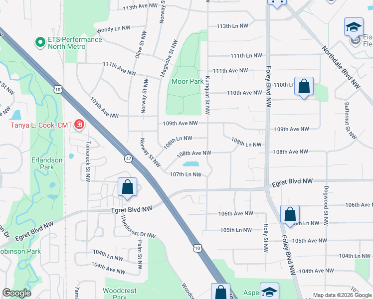map of restaurants, bars, coffee shops, grocery stores, and more near 653 108th Avenue Northwest in Minneapolis