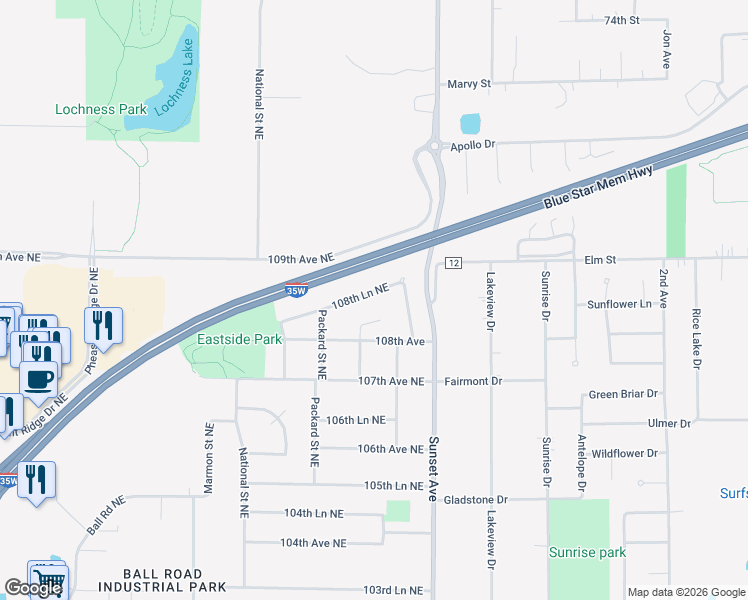 map of restaurants, bars, coffee shops, grocery stores, and more near 4884 108th Lane Northeast in Circle Pines