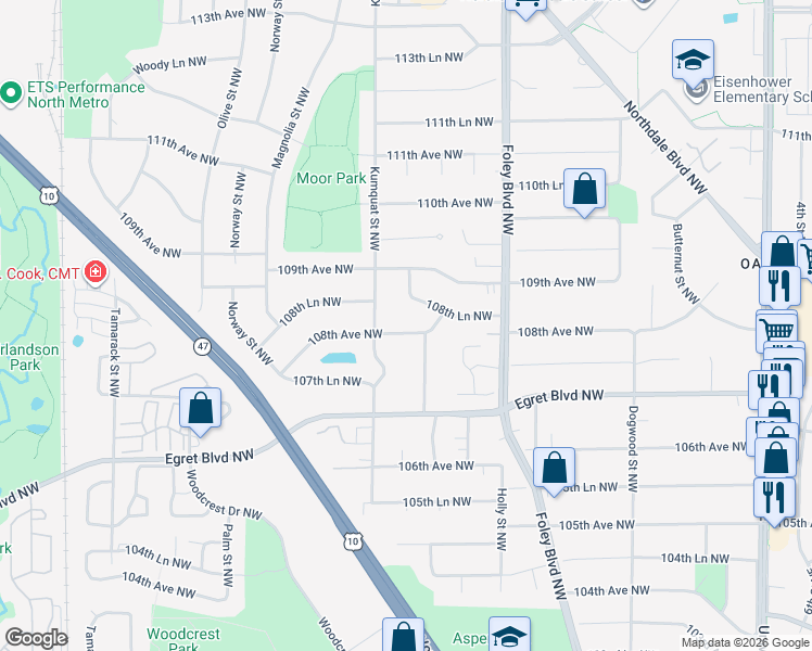 map of restaurants, bars, coffee shops, grocery stores, and more near 561 108th Avenue Northwest in Minneapolis