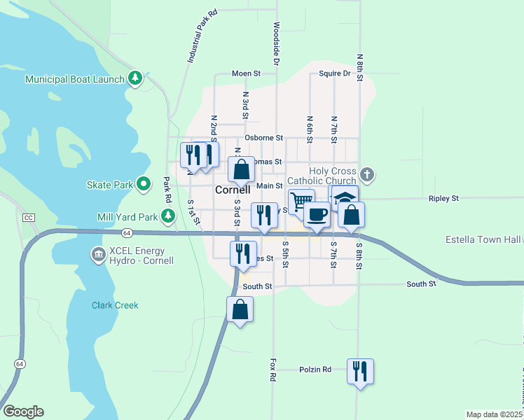 map of restaurants, bars, coffee shops, grocery stores, and more near 111 South 4th Street in Cornell