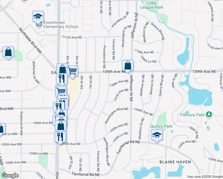 map of restaurants, bars, coffee shops, grocery stores, and more near 300 108th Avenue Northeast in Blaine