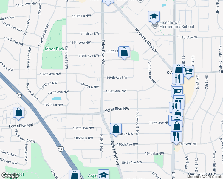 map of restaurants, bars, coffee shops, grocery stores, and more near 341 108th Avenue Northwest in Minneapolis