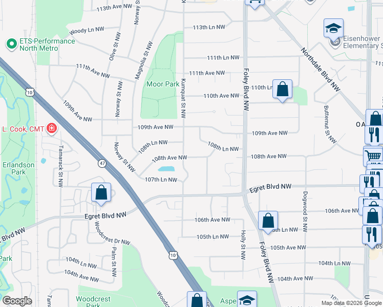 map of restaurants, bars, coffee shops, grocery stores, and more near 561 108th Avenue Northwest in Minneapolis