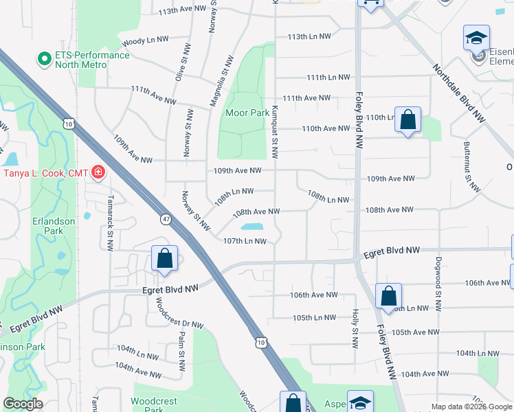 map of restaurants, bars, coffee shops, grocery stores, and more near 653 108th Avenue Northwest in Minneapolis