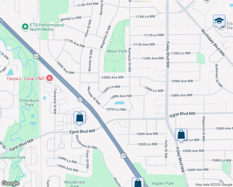 map of restaurants, bars, coffee shops, grocery stores, and more near 653 108th Avenue Northwest in Minneapolis