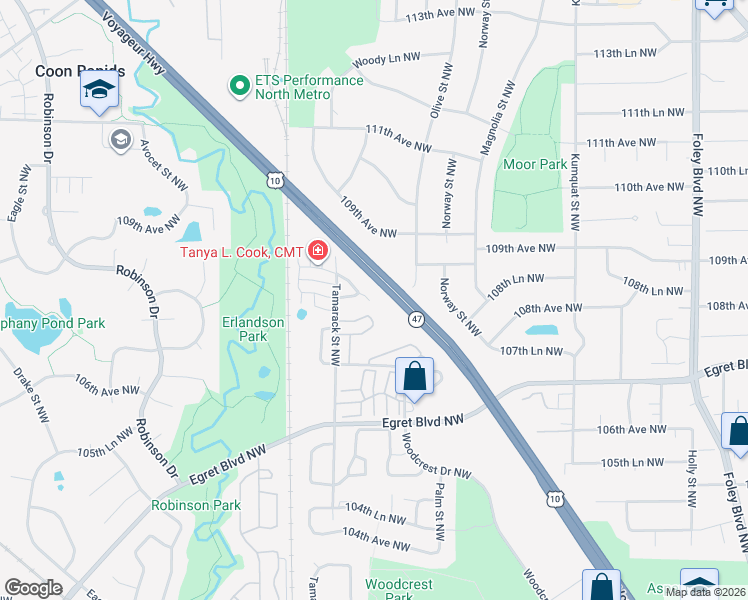 map of restaurants, bars, coffee shops, grocery stores, and more near 979 108th Avenue Northwest in Coon Rapids