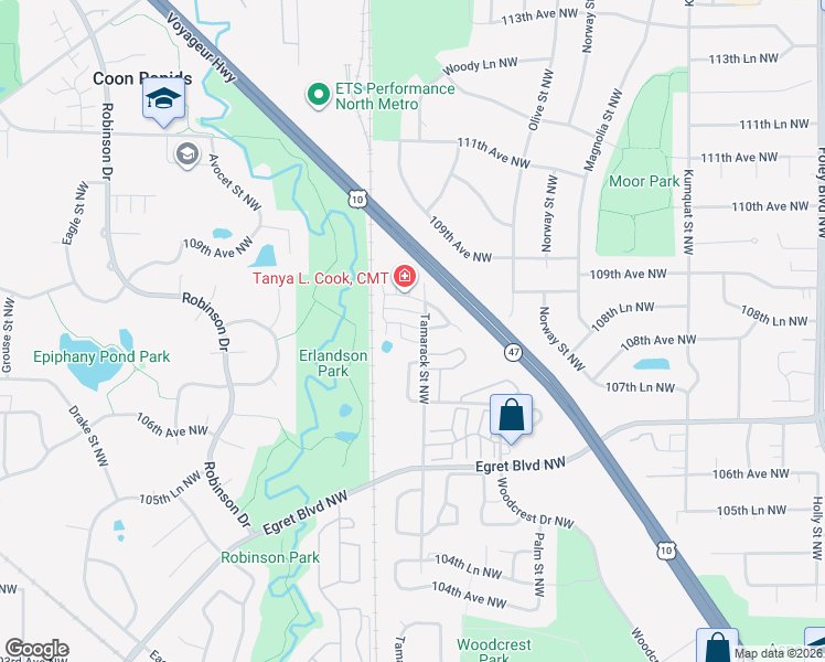 map of restaurants, bars, coffee shops, grocery stores, and more near 1015 108th Avenue Northwest in Coon Rapids
