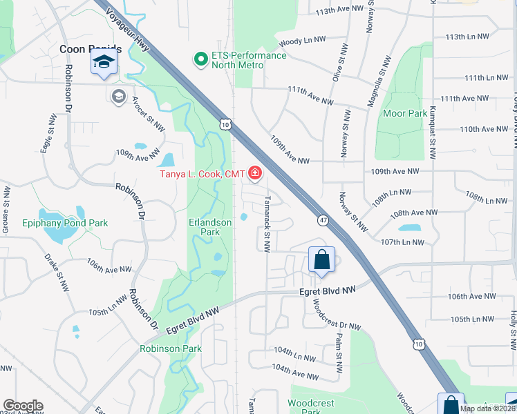 map of restaurants, bars, coffee shops, grocery stores, and more near 1015 108th Avenue Northwest in Coon Rapids