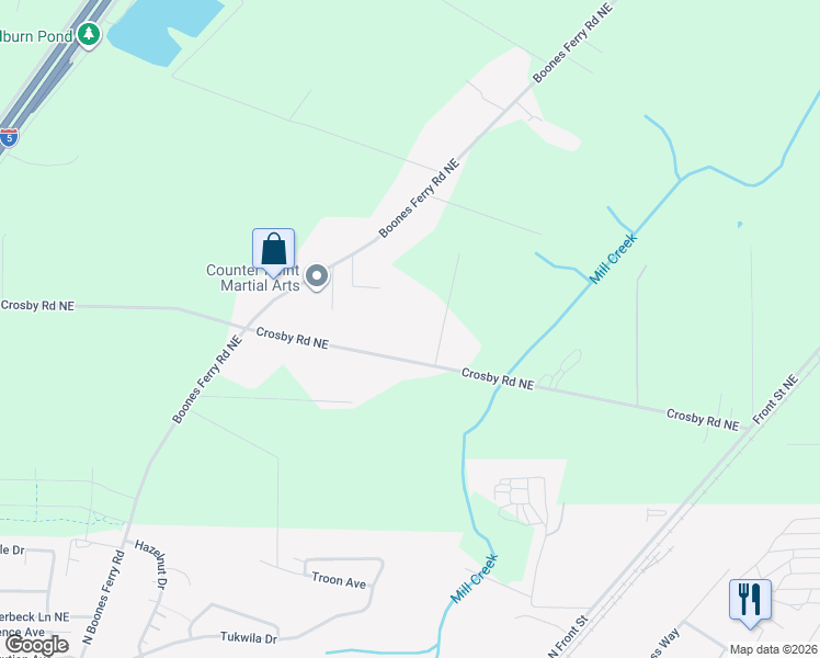 map of restaurants, bars, coffee shops, grocery stores, and more near 10629 Crosby Road Northeast in Woodburn
