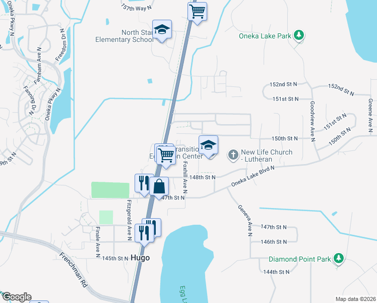 map of restaurants, bars, coffee shops, grocery stores, and more near 14969 Foxhill Avenue North in Hugo