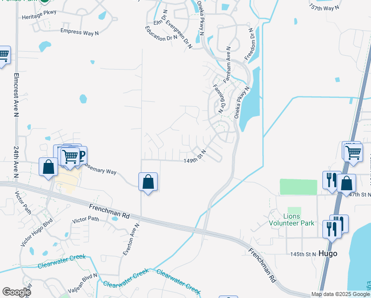 map of restaurants, bars, coffee shops, grocery stores, and more near 4960 149th Street North in Hugo