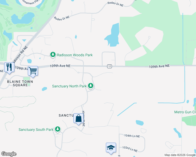 map of restaurants, bars, coffee shops, grocery stores, and more near 2815 108th Lane Northeast in Blaine