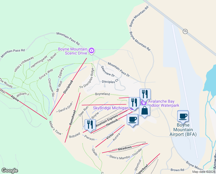 map of restaurants, bars, coffee shops, grocery stores, and more near Mountain Pass Dr in Boyne Falls