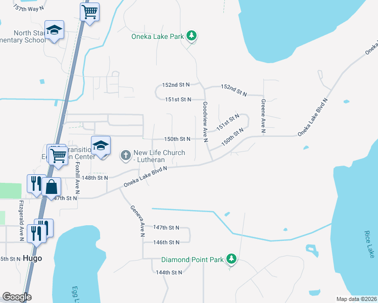 map of restaurants, bars, coffee shops, grocery stores, and more near 6153 150th Street North in Hugo