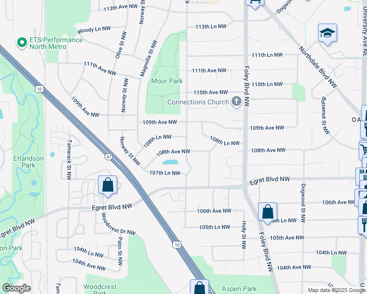map of restaurants, bars, coffee shops, grocery stores, and more near 603 108th Avenue Northwest in Minneapolis
