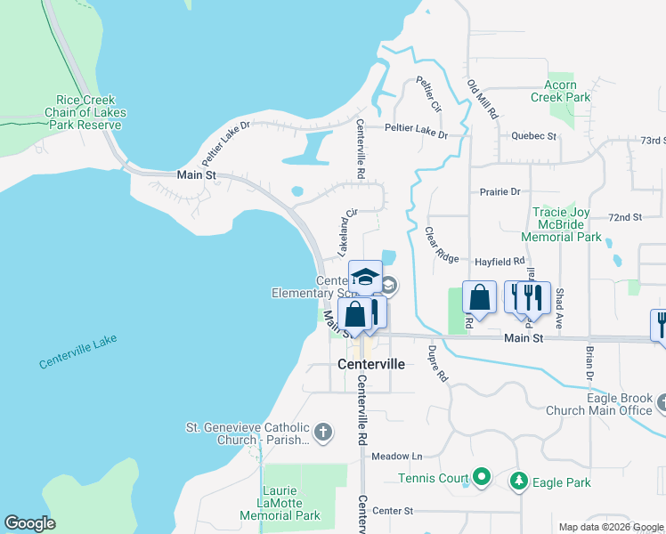 map of restaurants, bars, coffee shops, grocery stores, and more near 1652 Lakeland Circle in Centerville