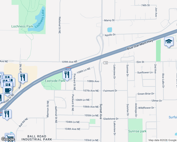 map of restaurants, bars, coffee shops, grocery stores, and more near 4884 108th Lane Northeast in Circle Pines