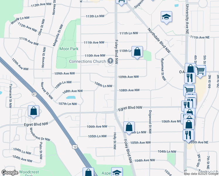 map of restaurants, bars, coffee shops, grocery stores, and more near 428 108th Lane Northwest in Minneapolis
