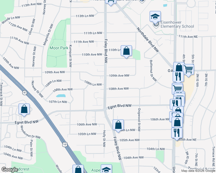 map of restaurants, bars, coffee shops, grocery stores, and more near 341 108th Avenue Northwest in Minneapolis