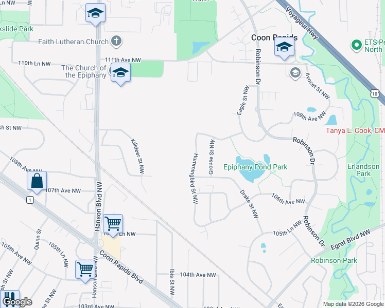 map of restaurants, bars, coffee shops, grocery stores, and more near 10800 Hummingbird Street Northwest in Coon Rapids