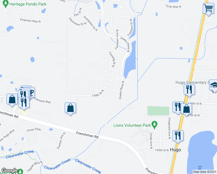 map of restaurants, bars, coffee shops, grocery stores, and more near 5075 149th Street North in Hugo