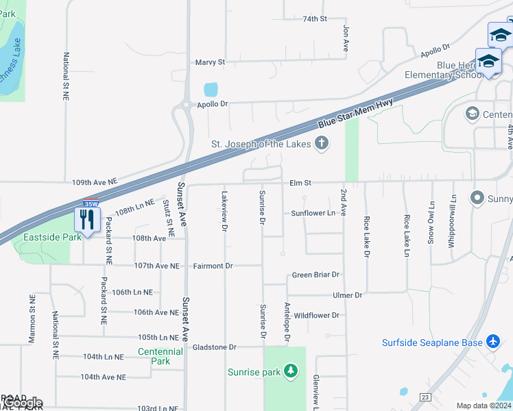 map of restaurants, bars, coffee shops, grocery stores, and more near 7165 Sunrise Drive in Lino Lakes