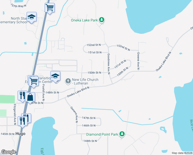 map of restaurants, bars, coffee shops, grocery stores, and more near 6153 150th Street North in Hugo