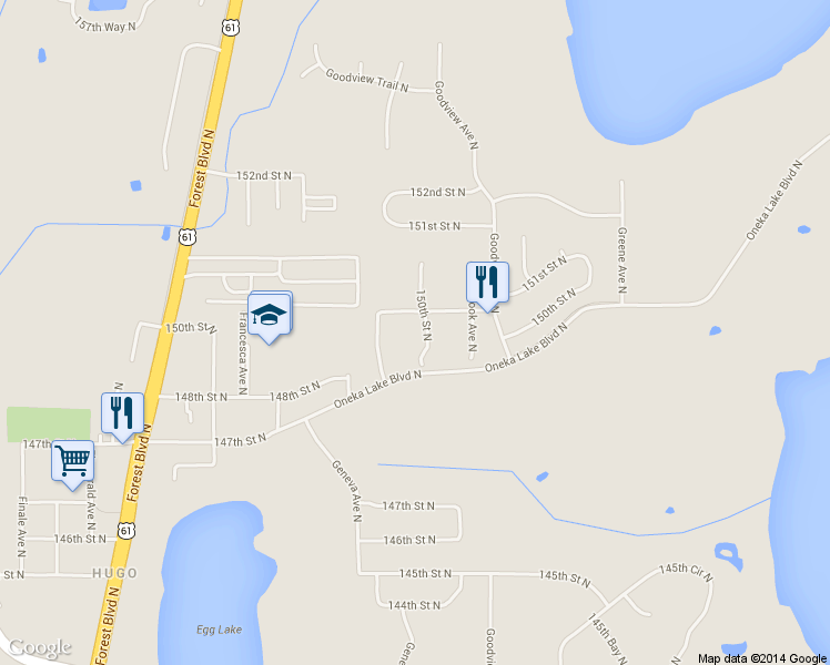 map of restaurants, bars, coffee shops, grocery stores, and more near 6109 150th St N in Hugo
