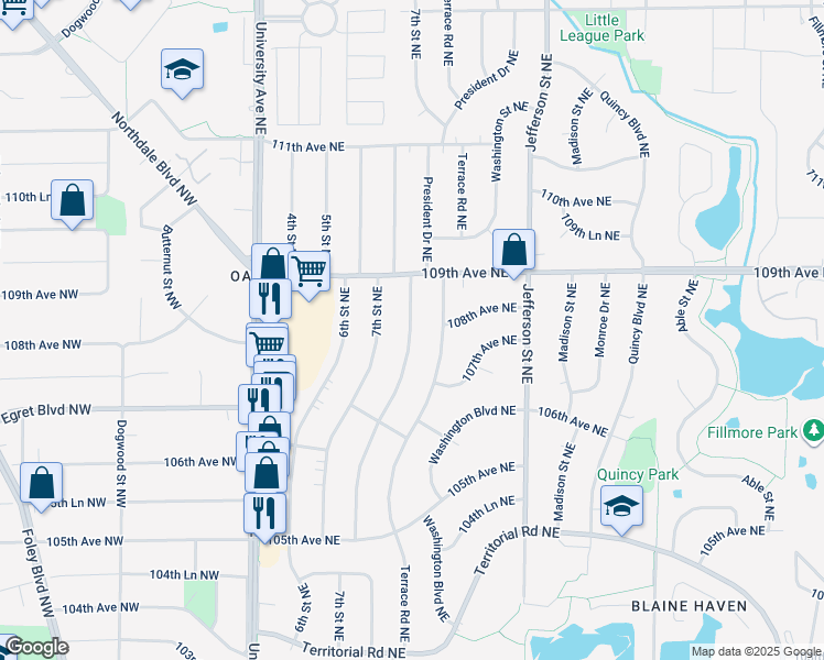 map of restaurants, bars, coffee shops, grocery stores, and more near President Drive Northeast in Blaine