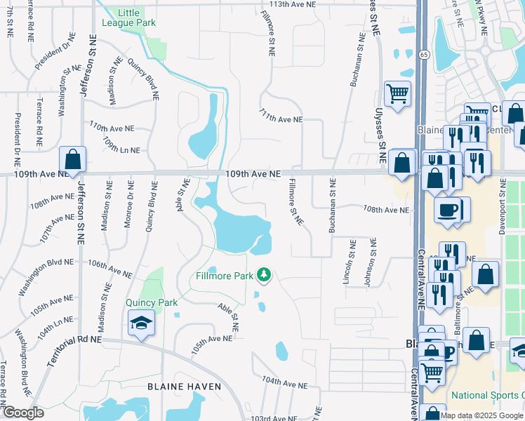 map of restaurants, bars, coffee shops, grocery stores, and more near 10760 Tyler Court Northeast in Minneapolis