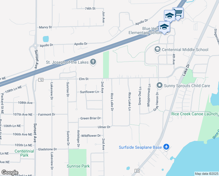 map of restaurants, bars, coffee shops, grocery stores, and more near 7157 Rice Lake Drive in Circle Pines