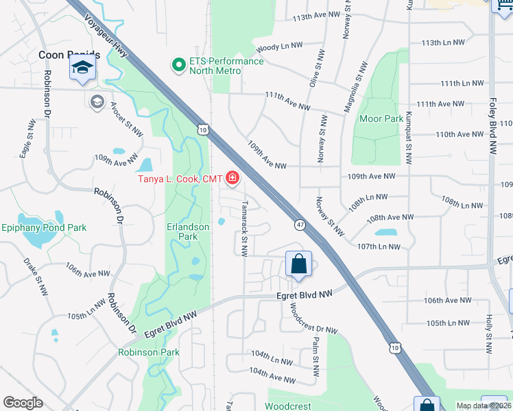 map of restaurants, bars, coffee shops, grocery stores, and more near 979 108th Avenue Northwest in Coon Rapids