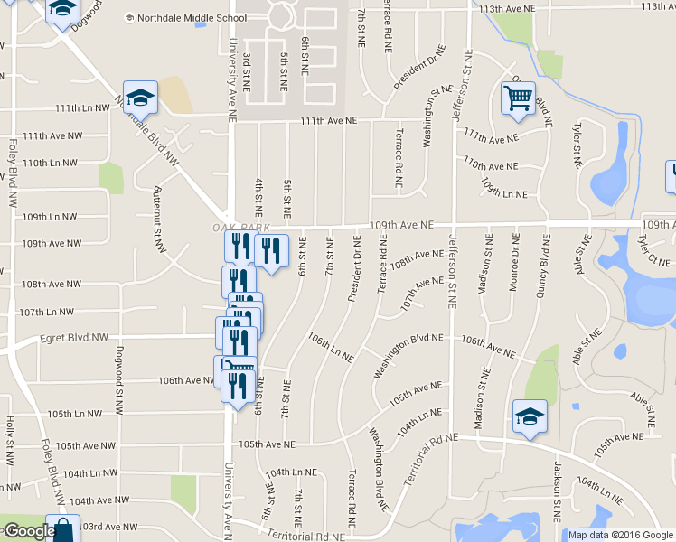 map of restaurants, bars, coffee shops, grocery stores, and more near 10797 7th Street Northeast in Blaine