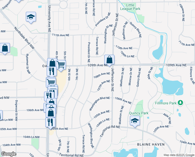 map of restaurants, bars, coffee shops, grocery stores, and more near 300 108th Avenue Northeast in Blaine