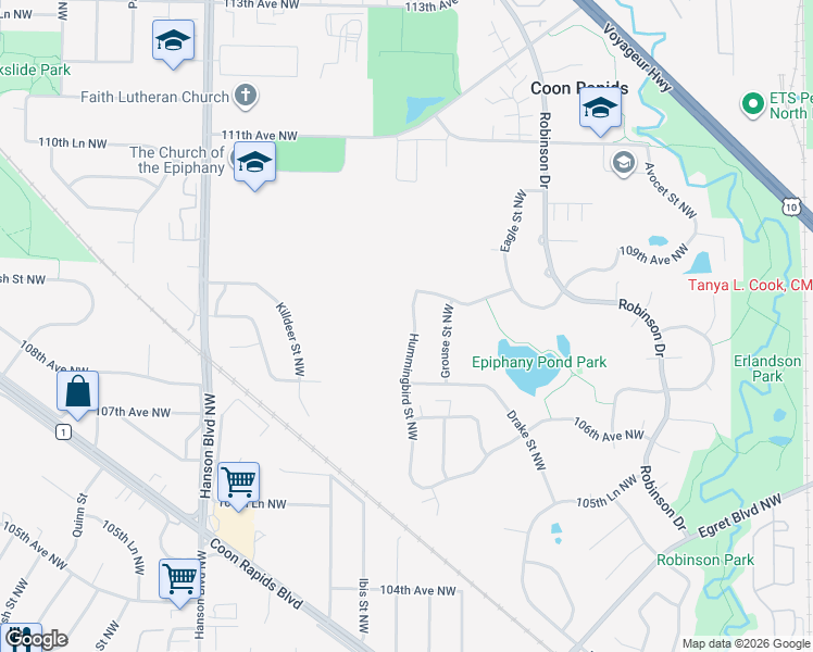 map of restaurants, bars, coffee shops, grocery stores, and more near 10800 Hummingbird Street Northwest in Coon Rapids