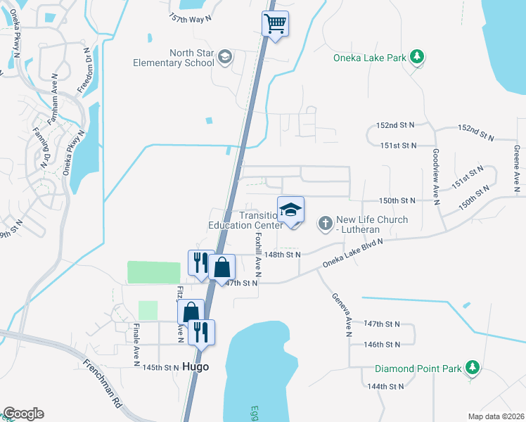 map of restaurants, bars, coffee shops, grocery stores, and more near 14969 Foxhill Avenue North in Hugo