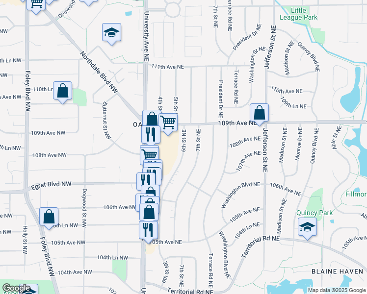 map of restaurants, bars, coffee shops, grocery stores, and more near 10760 6th Street Northeast in Minneapolis