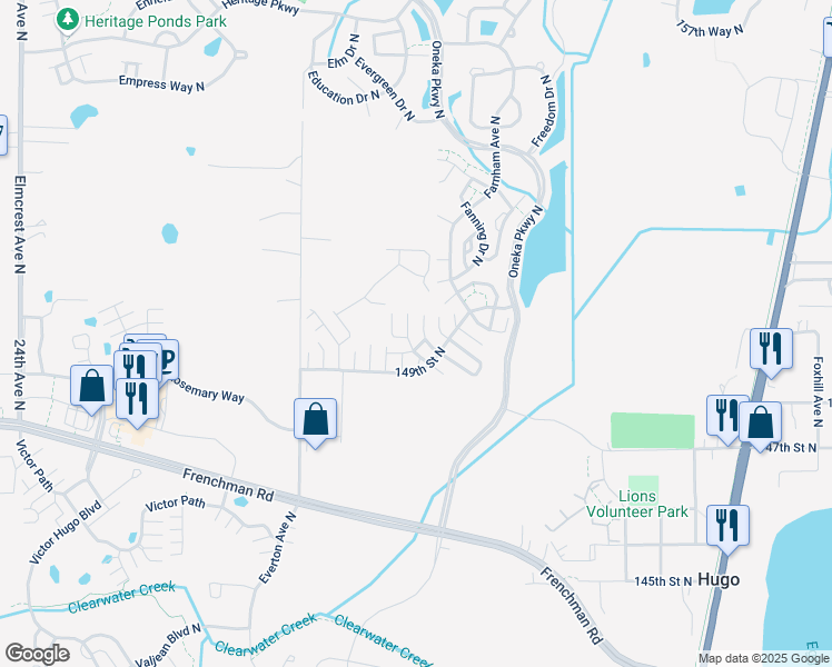 map of restaurants, bars, coffee shops, grocery stores, and more near 5010 149th Street North in Hugo