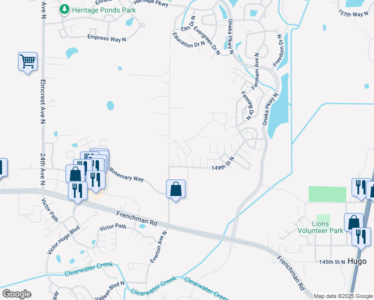 map of restaurants, bars, coffee shops, grocery stores, and more near 4860 149th Street North in Hugo