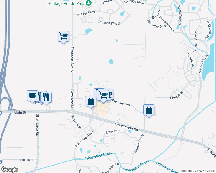 map of restaurants, bars, coffee shops, grocery stores, and more near 4503 Rosemary Way in Hugo